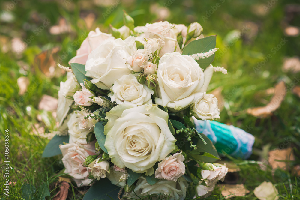 wedding bouquet on green grass wedding bouquet on green grass