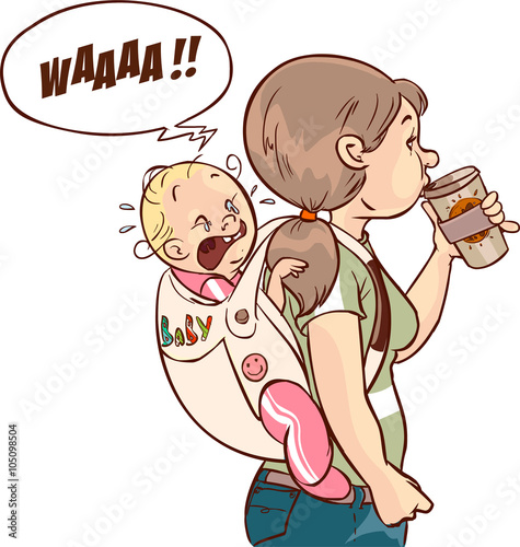 crying baby and mother cared vector drawing