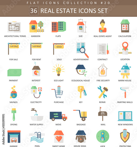Vector real estates color flat icon set. Elegant style design.