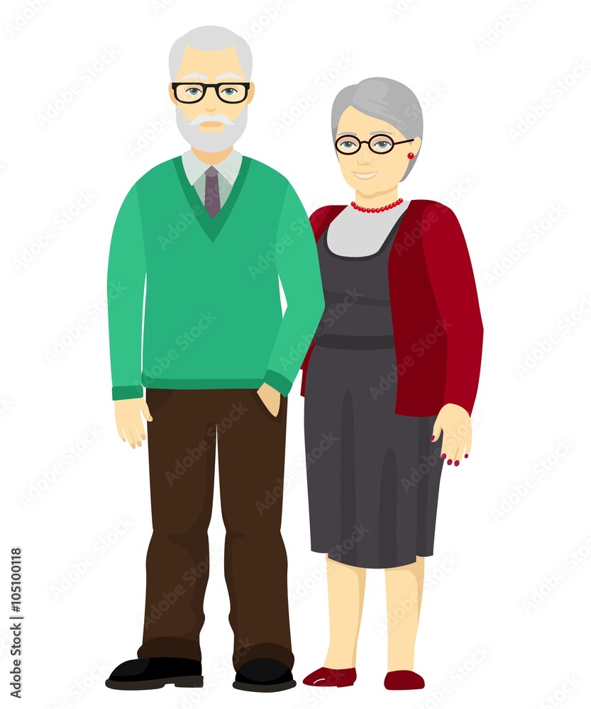 Happy grandfather and grandmother standing together. Old people in family. Vector illustration.