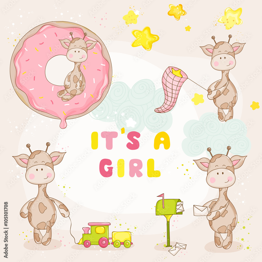 Baby Girl Giraffe Set - Baby Shower or Arrival Card - in vector