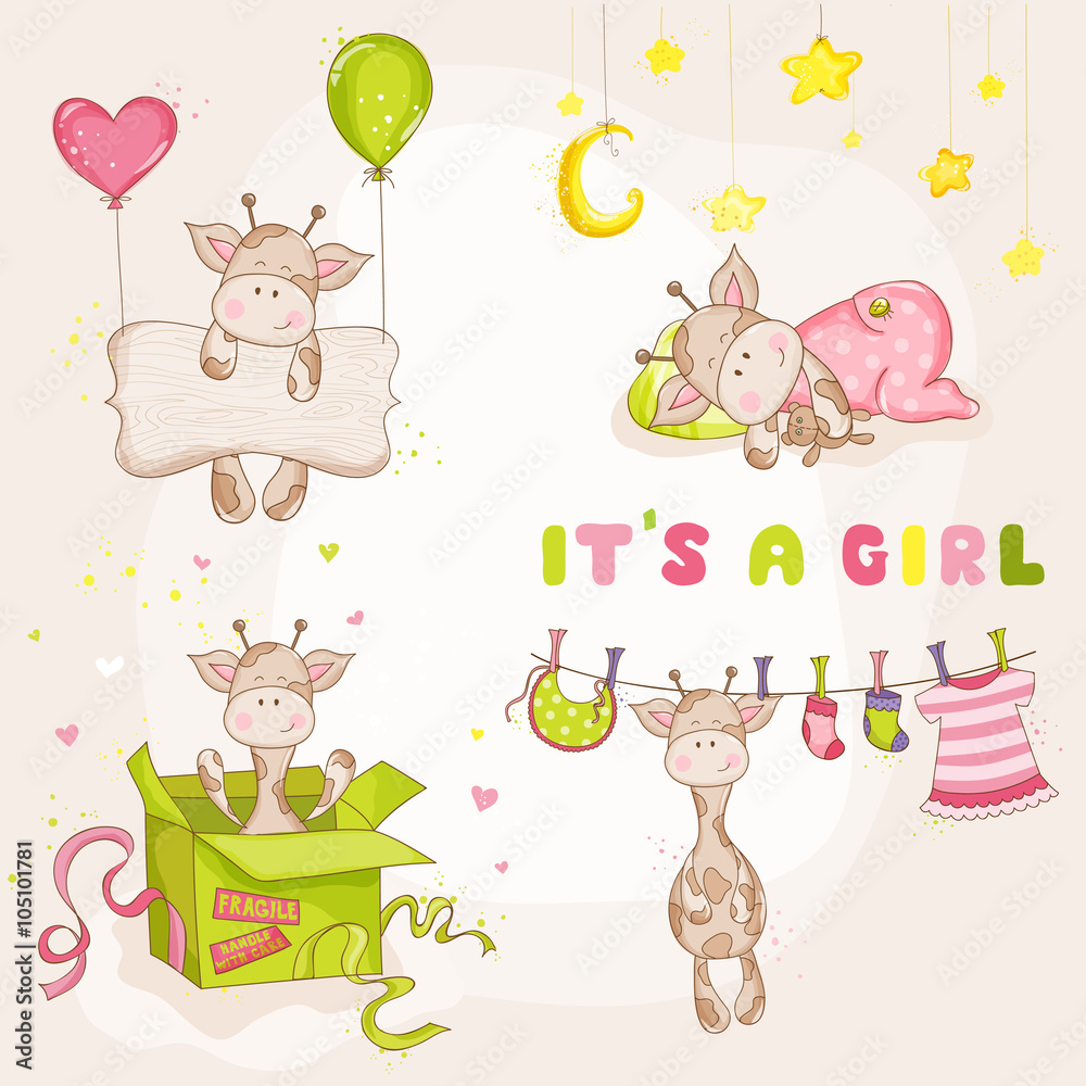 Baby Girl Giraffe Set - Baby Shower or Arrival Card - in vector