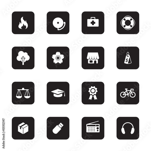 black flat safety and miscellaneous icon set on rounded rectangle for web design, user interface (UI), infographic and mobile application (apps)