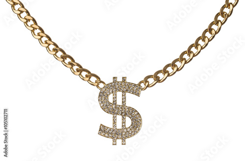 Dollar symbol with golden chain isolated on white background