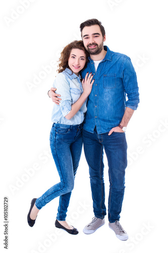 full length portrait of happy couple isolated on white