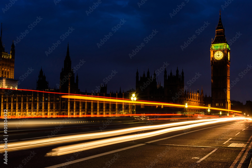 Light trail in the night at Big Ben Clock Tower, UK