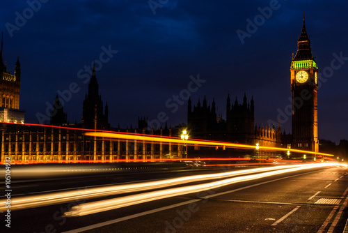 Light trail in the night at Big Ben Clock Tower, UK