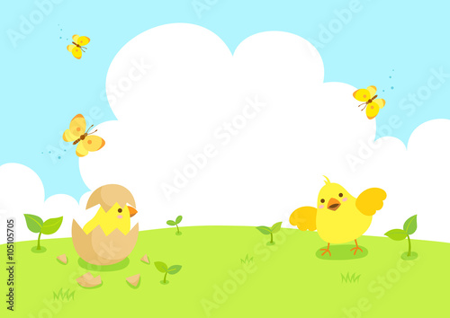 Happy Easter with cute chicks and butterfly.Spring background