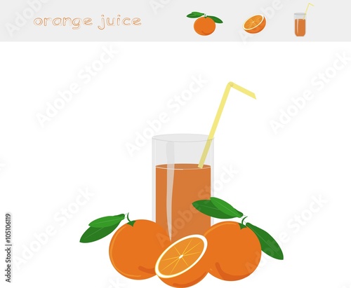 Banner Orange juice. A glass of juice, straw yellow, orange with green leaves, cut orange on white background, vector