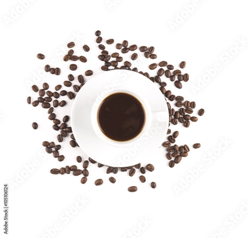 cup of coffee on top. Coffee beans isolated.