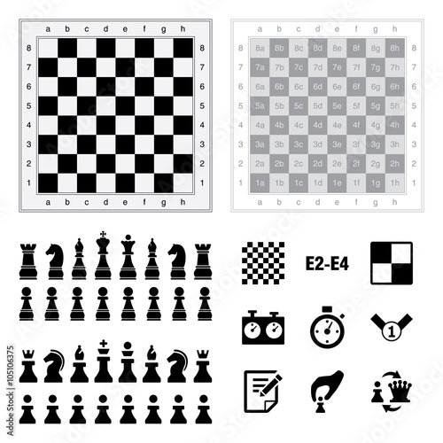 Set of Chess icons and board. Editable Vector Illustration sort by layers. Pawn, Rook, Knight, Bishop, King, Queen and popular checker chess icons.