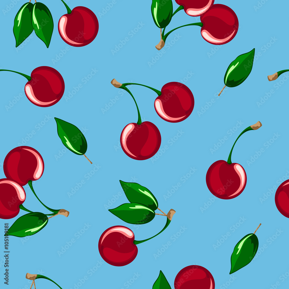 Seamless vector illustration of ripe cherries on a blue background. Berries cherries with stems and green leaves. Seamless vector illustration of ripe cherries on a blue background. Berries cherries with stems and green leaves.