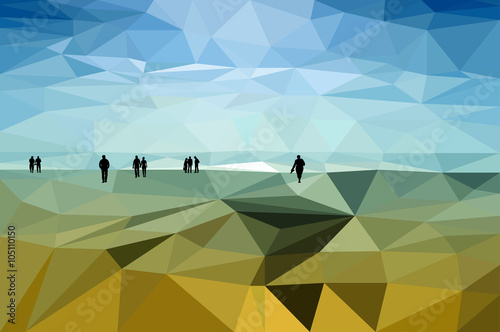 Black silhouettes of walking people on the low poly styled landscape of the lake's shore