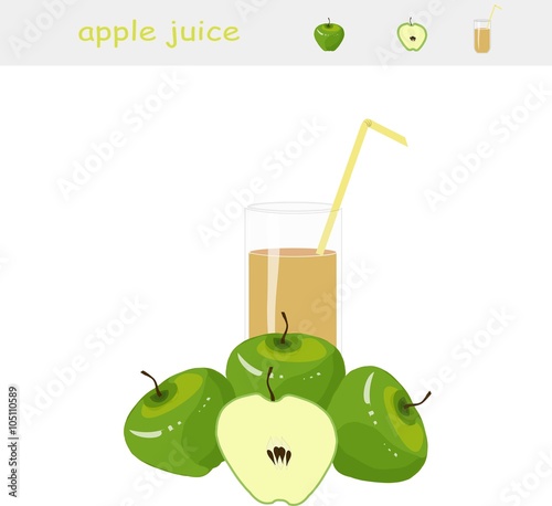 Banner Apple juice. A glass of juice, yellow straw, green apple, cut apple on white background, vector