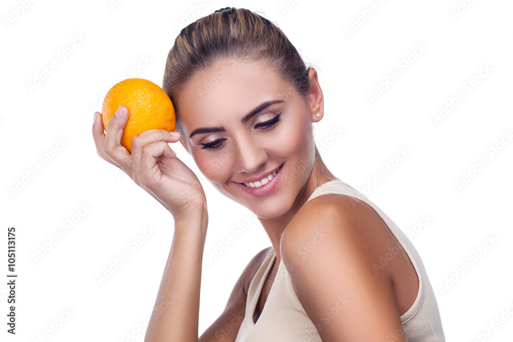 Close-up portrait of happy young woman with juice on white background. Concept vegetarian dieting - healthy food Close-up portrait of happy young woman with juice on white background. Concept vegetarian dieting - healthy food