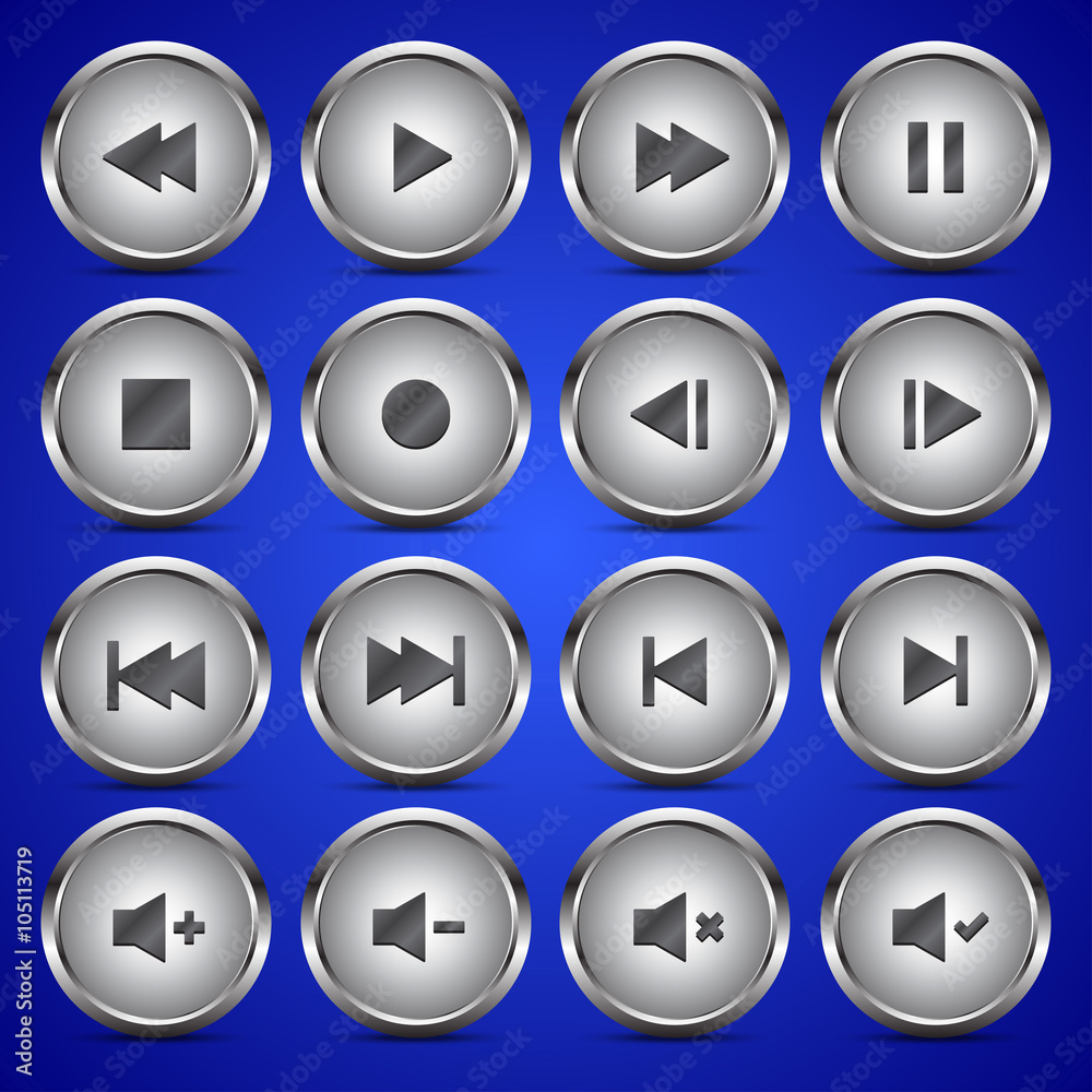 Metallic media player audio video icon circle button Metallic media player audio video icon circle button
