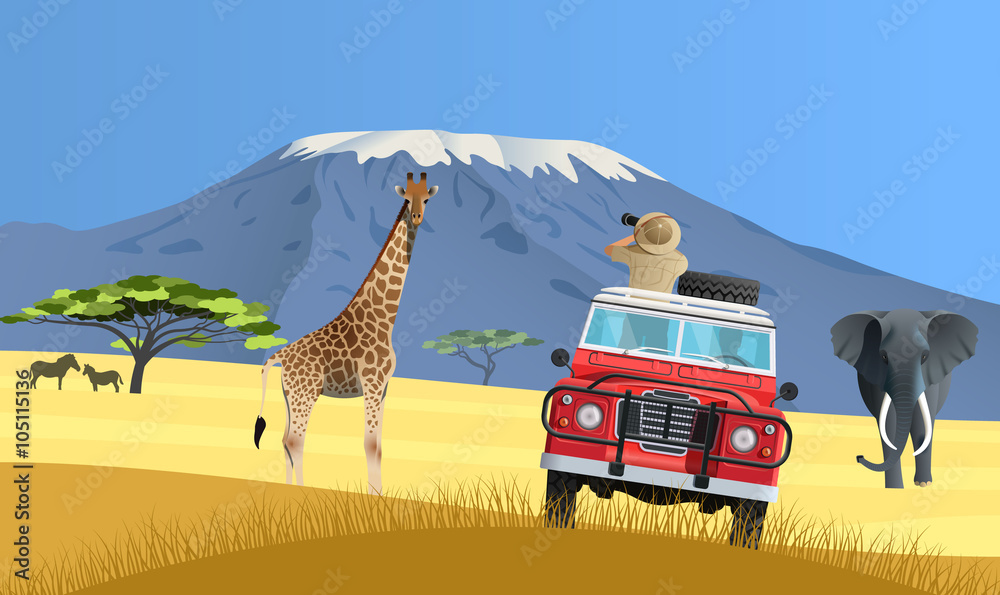 Safari truck in African savannah - obrazy, fototapety, plakaty 