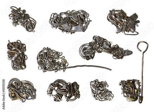 Handmade abstract steampunk rusty wire jewellery. Isolated on white