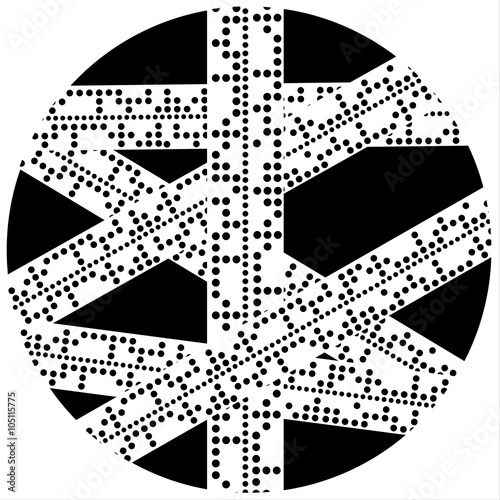 Vector Illustration of strips of overlapping paper containing Baudot Code as used in telegraph communications in a black circle 
