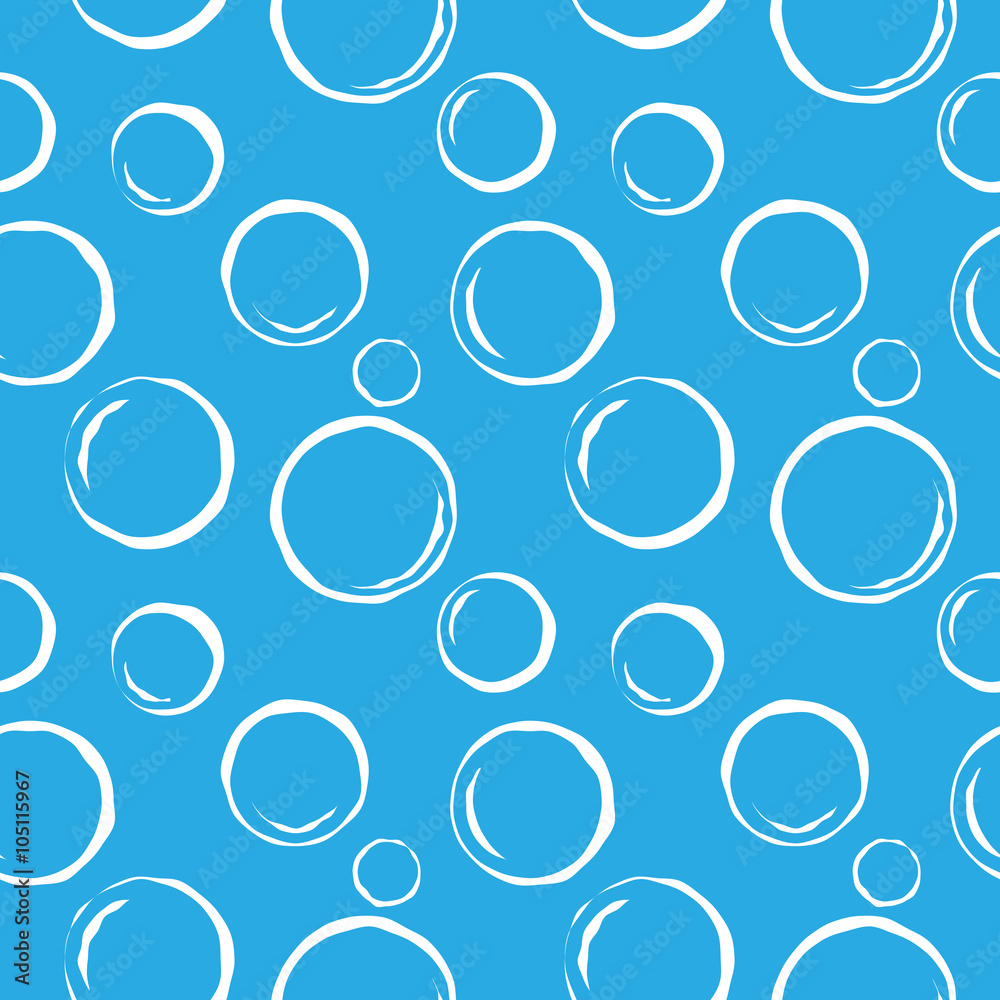 Bubbles geometric seamless pattern. White circles on blue background. Fashion graphic design. Modern stylish abstract texture. Template for prints, textiles, wrapping, wallpaper. VECTOR illustration.