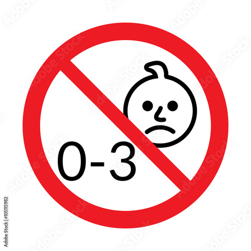 Not for children under 3 years of age icon. Silhouette of a child in red circle, isolated on white background. Warning symbol. Button prohibited from using kid under three years. Vector illustration