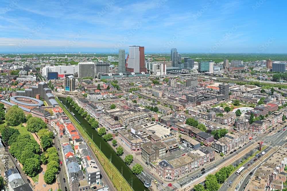 High angle view of The Hague downtown with skyscrapers from the panoramic terrace on the 42nd floor of Het Strijkijzer skyscraper, Netherlands High angle view of The Hague downtown with skyscrapers from the panoramic terrace on the 42nd floor of Het Strijkijzer skyscraper, Netherlands