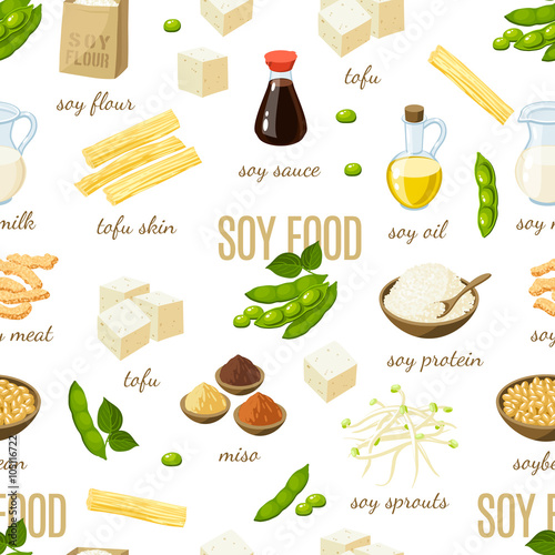 Seamless pattern with cartoon soy food. Vector illustration, eps10.