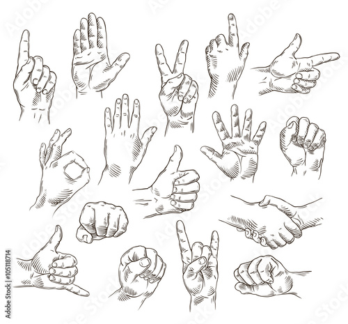 Vector set of hands and gestures - outline illustration