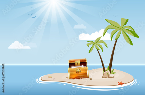 Desert island with palm trees and treasure chest