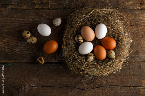 Chicken and quail eggs in a nest on a wooden rustic background