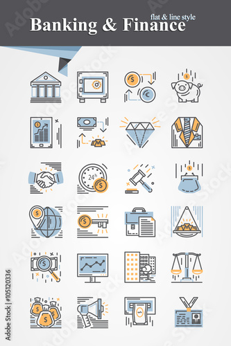 Trendy flat and line Banking and Finance icons collection