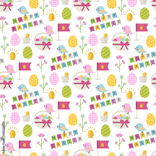  Happy Easter pattern with bird,eggs,basket with eggs,chicken in shell, flower,text Happy Easter on a white background