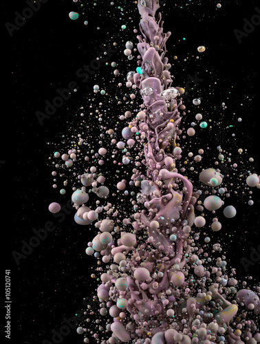 Photographs of oil drops creating bubbles. A detailed colorul abstract design isolated on black background. Liquid colors mixing in dynamic flow. 