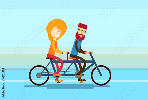 Couple Man Woman Ride Tandem Bicycle