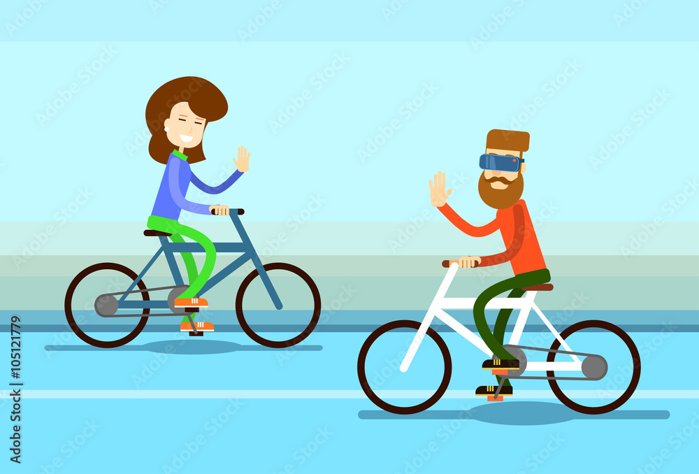 Couple Man Woman Ride Towards Bicycle Wave Hand Greeting