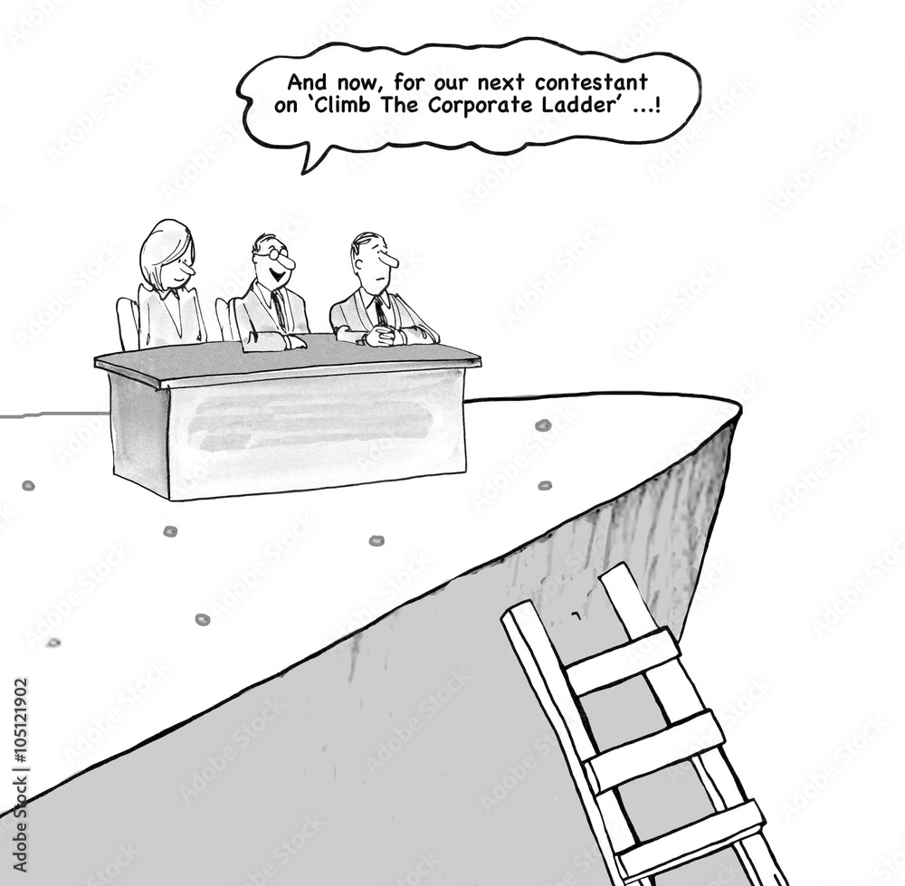Business cartoon about climbing the corporate ladder. Stock