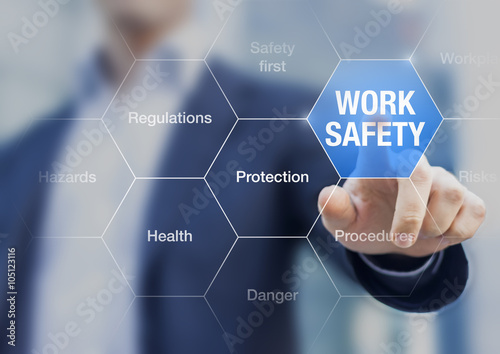 Businessman presenting work safety concept, hazards, protections