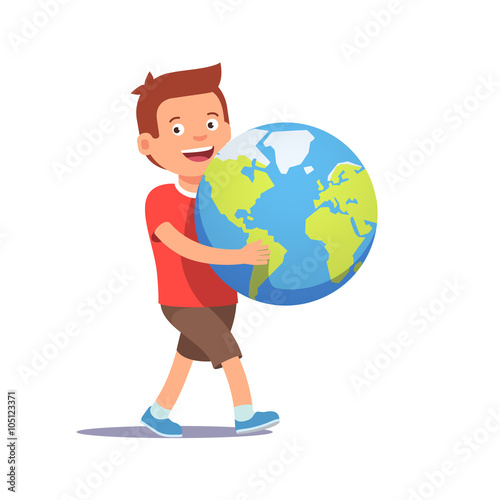 Young boy kid carrying holding planet earth