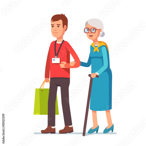 Man social worker helping elder grey haired woman