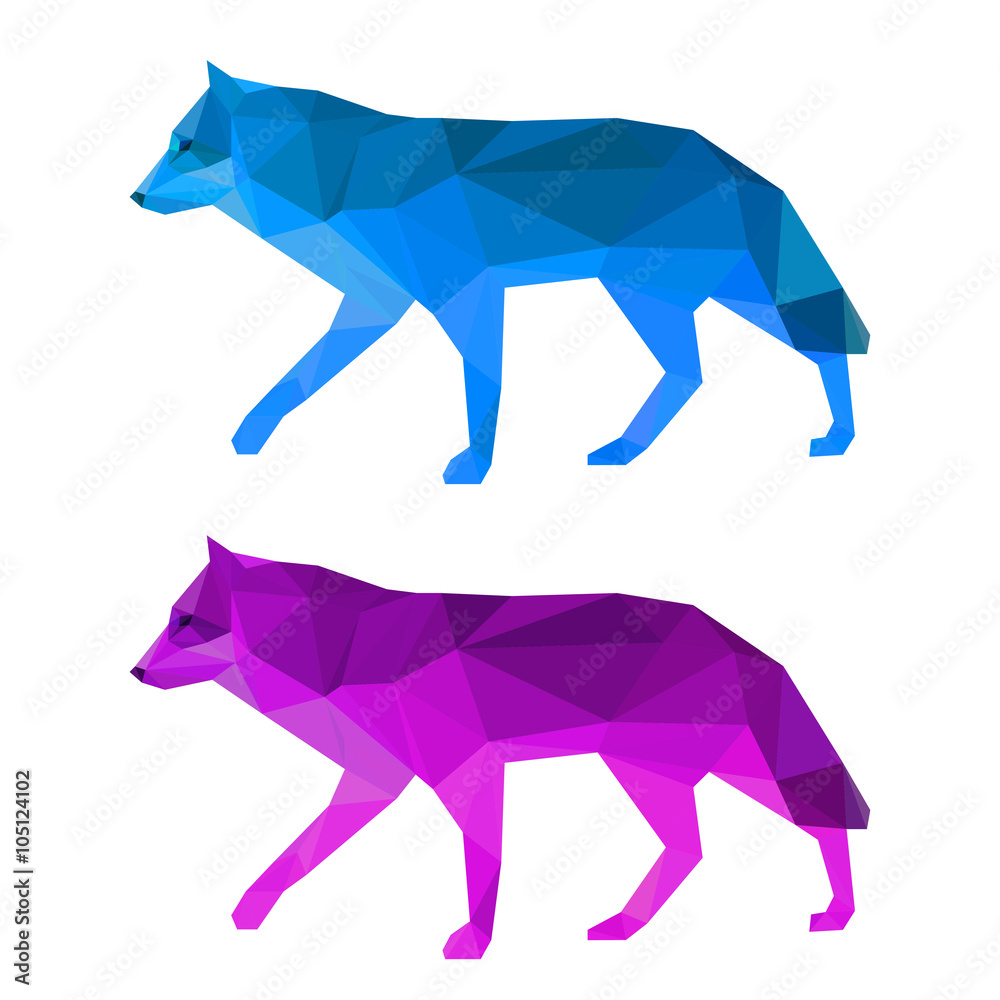 Fototapeta premium Wolf set isolated on white. Abstract polygonal animals