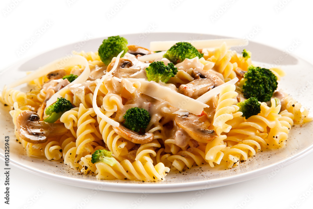 Fusilli pasta with champignons and sauce Fusilli pasta with champignons and sauce
