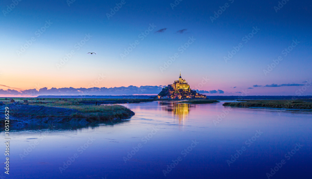 Mont Saint-Michel in twilight at dusk, Normandy, France