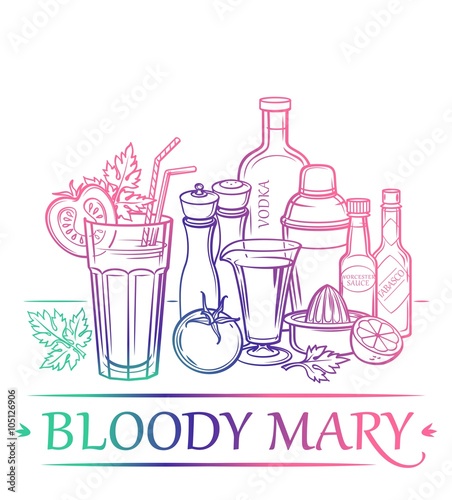 Cocktail Bloody Mary with ingredients ( vodka, tomato juice, lemon, celery, Tabasco sauce, Worcestershire sauce, salt, ground black pepper, ice cubes, tomato ) and barman's instruments