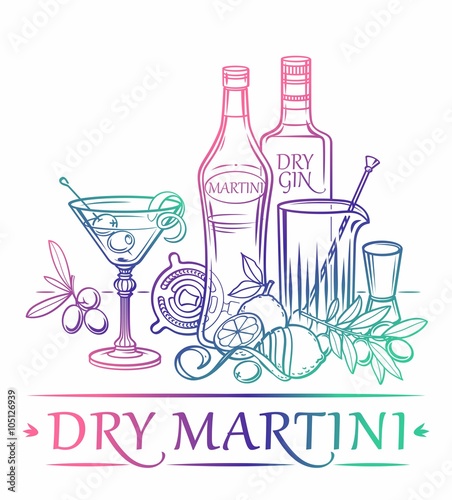 Cocktail Dry Martini with ingredients ( Gin, dry vermouth, lemon, olives, ice cubes ) and barman's instruments