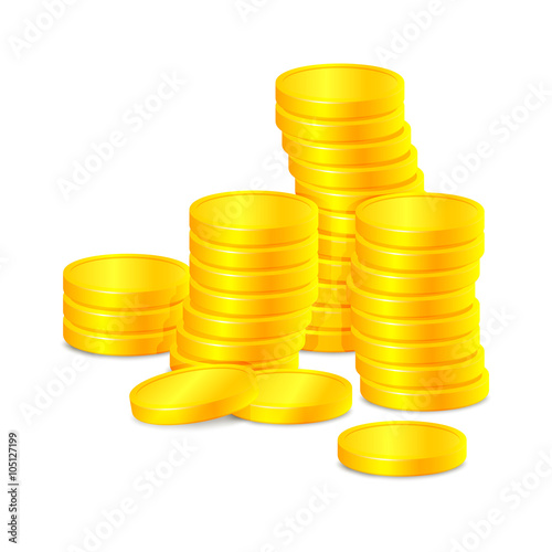 Stacks of gold coins on a white background.