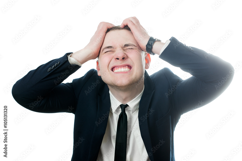 Furious angry mad business man screaming with closed eyes hold hands on head, young frustrated and stressed businessman isolated over white background, concept of executive yelling, problem crisis Furious angry mad business man screaming with closed eyes hold hands on head, young frustrated and stressed businessman isolated over white background, concept of executive yelling, problem crisis