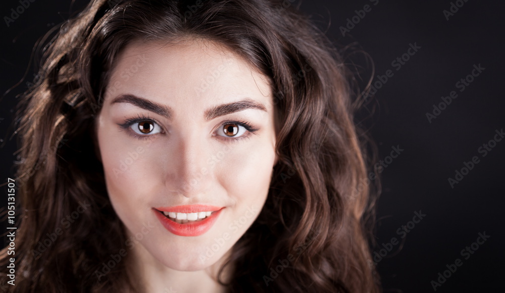 Alyona, smiling face with brown eyes, black background Alyona, smiling face with brown eyes, black background