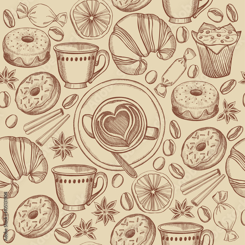 Coffee and croissant seamless pattern background vector. 