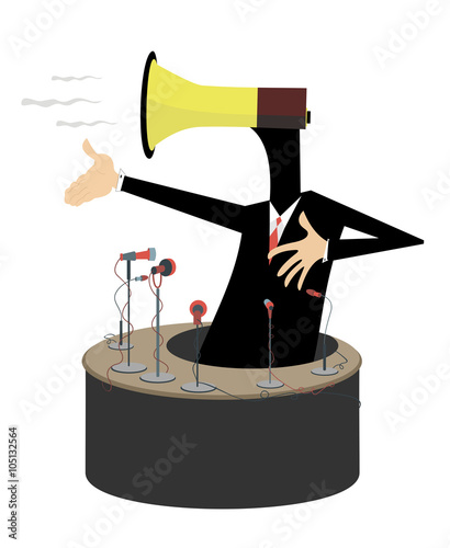 Emotional speech. Man with a megaphone instead of head makes an emotional speech
