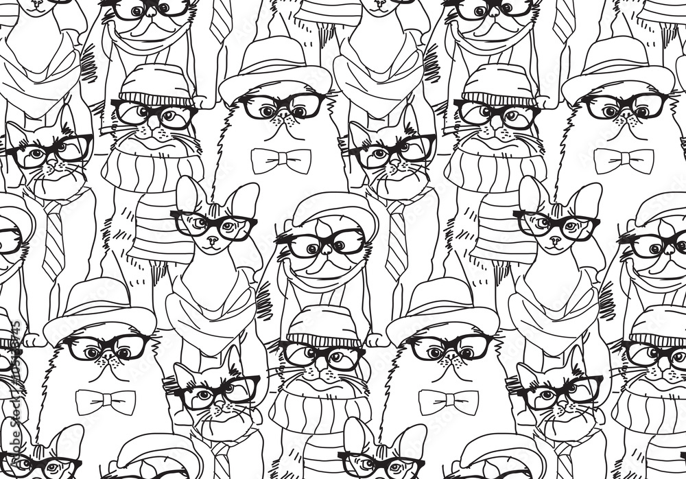 Fototapeta premium Cute cats group fashion hipster black seamless pattern. 
